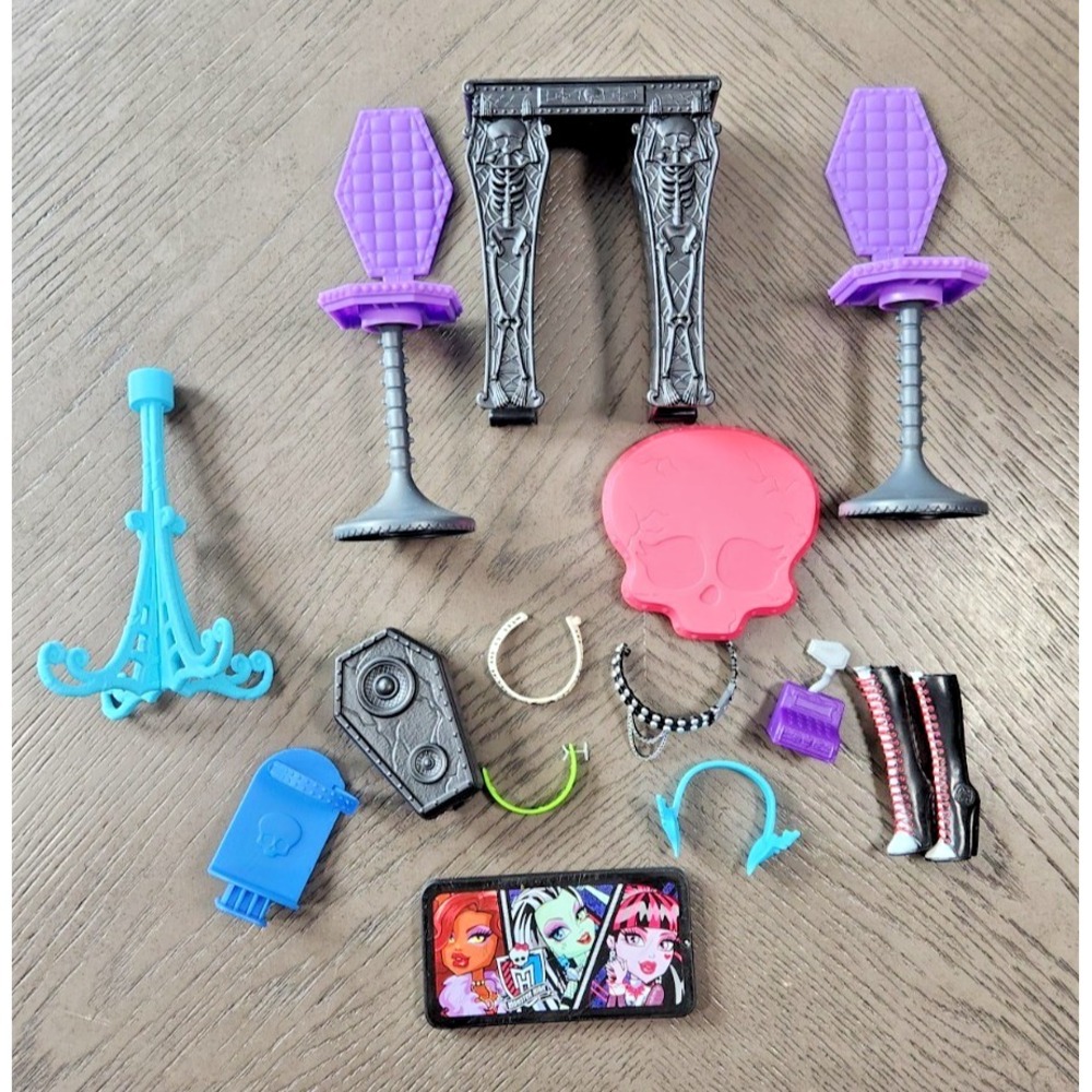 Monster‎ High Doll Furniture Accessory Lot Chairs Table Boots Chandelier Skulls
